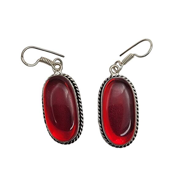 Sterling Silver Red Oval Earrings - Unique Gemstone Jewelry - Statement Earrings - Picture 1 of 7